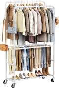 Clothes Racks for Hanging Clothes, Rolling Clothing Rack with Pants Rack, Side Hooks & Shoe Shelf, Portable Garment Rack for Bedroom, Laundry Room, Clothing Store, Closet, White
