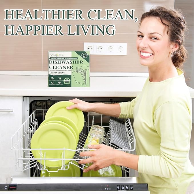 24 PCS Dishwasher Cleaner and Deodorizer Tablets, with Sink Drain Filter Basket, Deep Cleaning Formula Tablets for Removing Limescale, Odor, Smell, Hard Water Residue(Lemon-Scented)