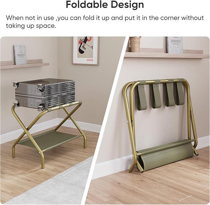 Smuxee Gold Luggage Rack, Foldable Suitcase Stand with Fabric Storage Shelf, Luggage Holder with 4 Nylon Straps for Guest Room Bedroom Hotel