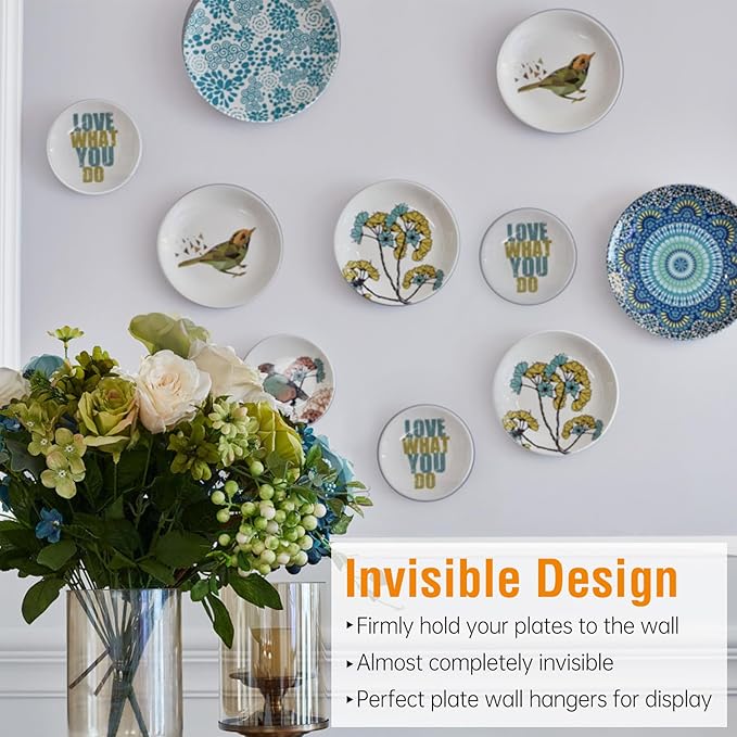 Bilillo 12 Pieces Invisible Wall Plate Hangers 8/10/12 Inches Wall Plate Hangers Stainless Steel Decorative with 12 Pieces Hook with Nails Suitable for 6-14 inch Decorative Antique and Arts(Silver)