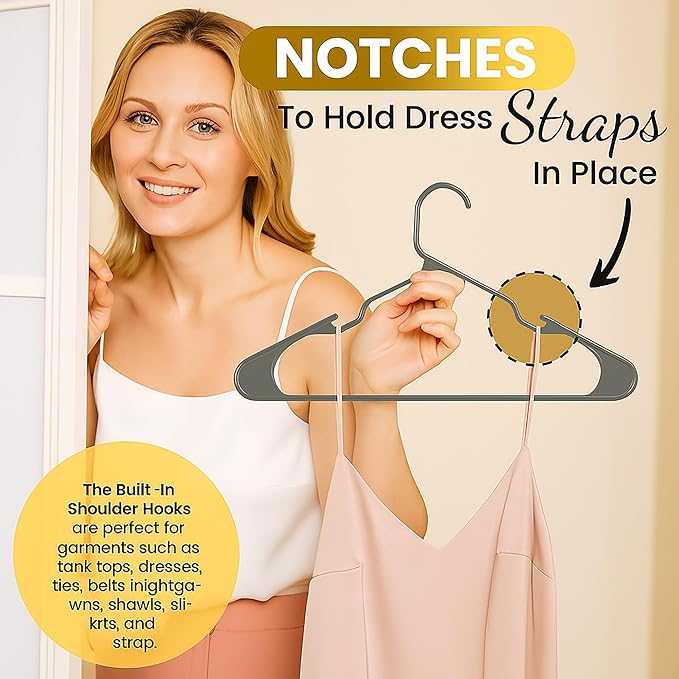 Our Modern Space 50 Pack Adult Plastic Hanger for Shirt Pants Coats Dresses Skirts Suits Jackets - Standard Thick Coat Hanger - Sturdy & Durable Design with Shoulder Grooves Hook - Grey