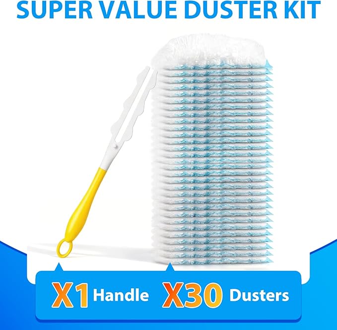 60 Count Larger Size Duster Refills for Swiffer Dusters with 1 Handle - Multi-Surface Feather and Microfiber Duster Disposable Alternative, Heavy Duty Cleaning Kit for Home, Furniture, Blinds and Vent