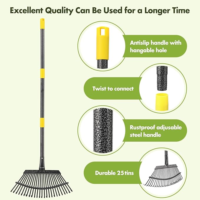 INFLATION Garden Rake for Leaves Heavy Duty Women Men Grandpas for Lawns,79” Length 18” Width Adjustable 25 Tines Sturdy Metal Yard Leaf Rakes with Non-Slip Comfortable Smooth Long Handle