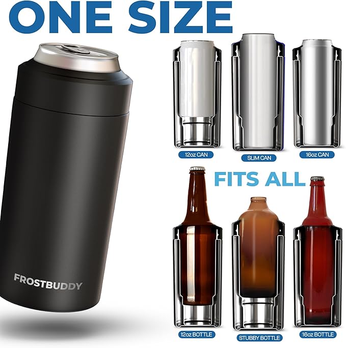 Frost Buddy Universal Can Cooler - Fits all - Stainless Steel Can Cooler for 12 oz & 16 oz Regular or Slim Cans & Bottles - Stainless Steel (Shake My Bones)