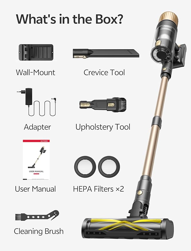 Ultenic Cordless Vacuum Cleaner, 600W 60KPA 65min Runtime, Stick Vacuum with Green Light, Self-Standing & 180° Lay-Flat, Anti-Tangled Brush, Vacuum Cleaners for Home/Hard Floor/Carpet/Pet Hair, U15