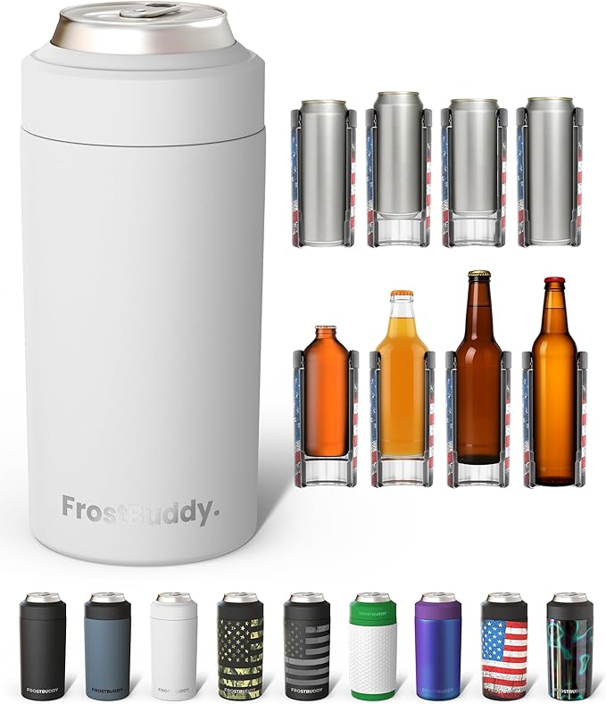 Frost Buddy Universal Buddy Can Cooler - Fits All - For Regular 12 & 16 oz or Slim-Size Bottles - Insulated Double -Walled Stainless Steel (All white)