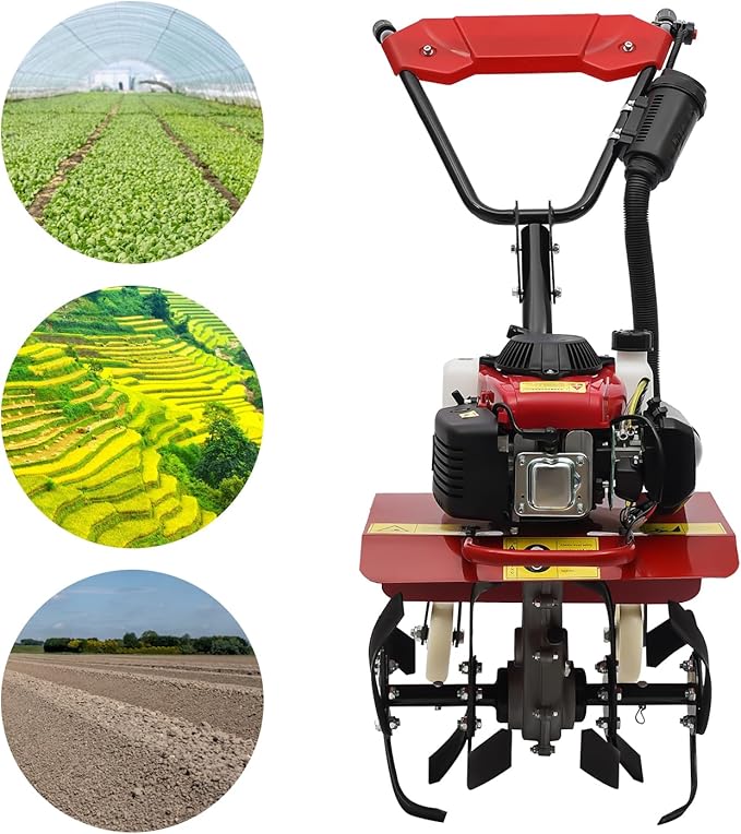 Mini Tiller Cultivator, 63CC 4-Stroke Gas Powered Tiller Cultivator 8500-9000rpm Speed 1600W Garden Yard Rototiller Tilling with Fuel Tank Cordless Tiller Cultivator for Gardening