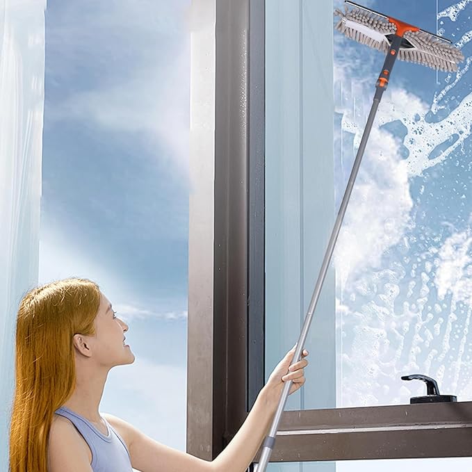 Squeegee Window Cleaner Set 2-in-1 Multi-Surface Cleaning Tool with Extendable Pole, Detachable Microfiber Cloths Bendable Head for Indoor & Outdoor Glass for Car Indoor Outdoor High Windows