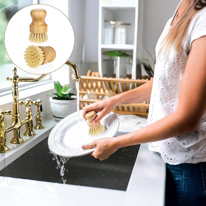 18 Pcs Bamboo Dish Scrub Brushes Kitchen Dishwashing Cleaning Brush Wooden Scrubbers Set Sisal Bristles Cleaner Scrubber for Washing Cast Iron Pan Pot Sink Spatula (18, Yellow)