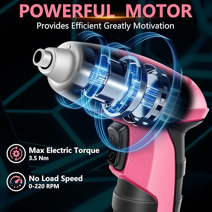 Pink Cordless Electric Screwdriver, 3.6V Rechargeable Small Electric Drill with 24pcs Driver Bit Set, Power 3.5Nm Screw Gun with LED Light for Women