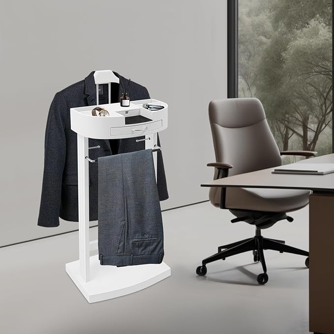 Suit Valet Stand Wood Valet Stand for Man, Wooden Clothing Valet Stand with Contour Hanger, Tray, Trouser Bar, Tie Bar and Base, Mens Valet Stand for Entryway Office Living Room (White)