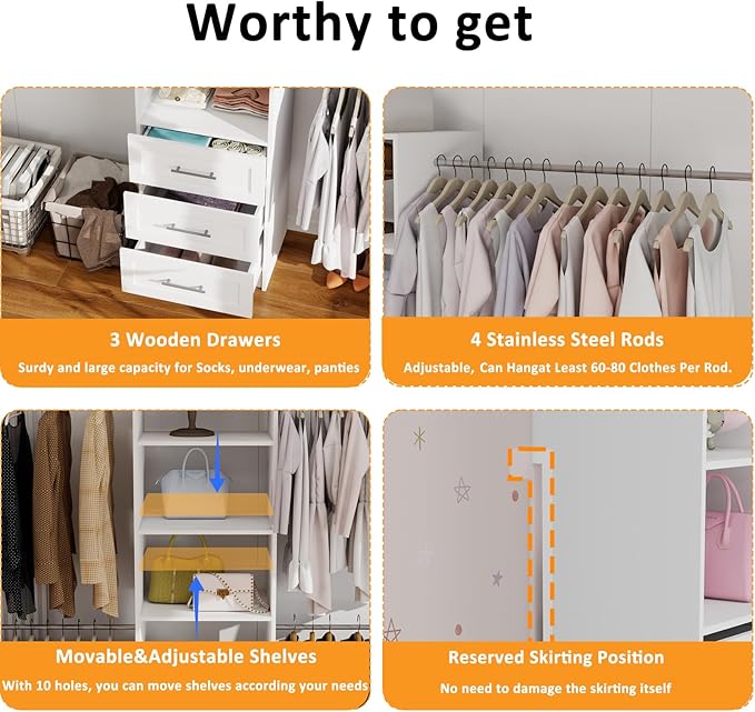 Closet System, 5FT-9FT Closet Organizer System with 4 Expandable Hanging Rods and Moveable Shelves, 115" Walk in Closet System with 3 Wooden Drawers, Custom Built in Closet, Wall Mount