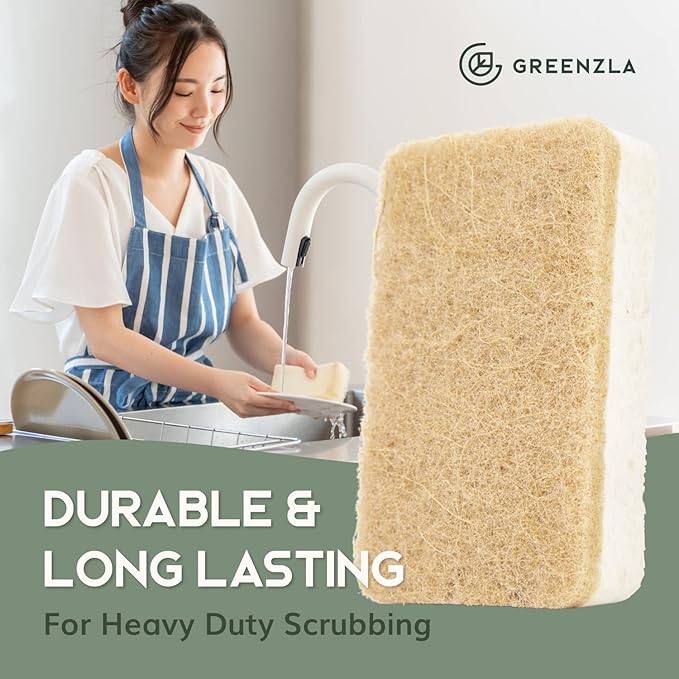 Greenzla Kitchen Sponges, Plant-Based Dish Sponges, Non-Scratch Sisal Hemp Scouring Pads for Dishes, Countertops, Bathtubs, and Tiles, 12 Pack
