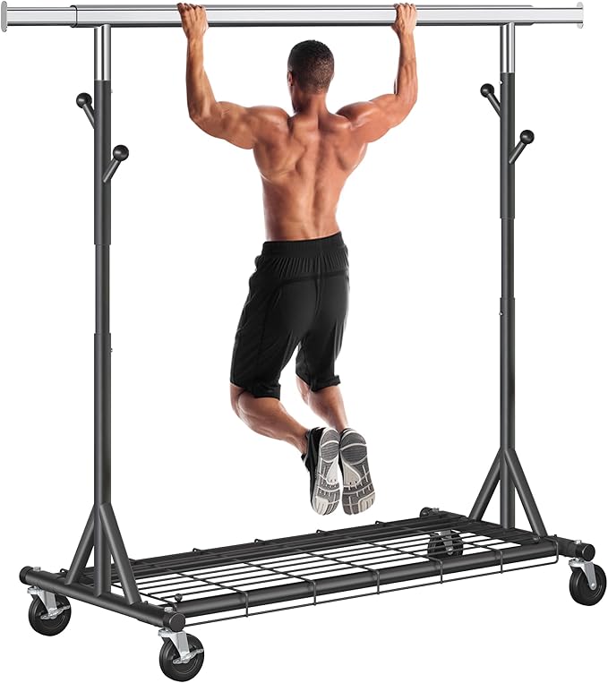 Gewudraw Garment Rack Load 530lbs,Heavy Duty Rolling Clothes Rack With Sturdy Wheel And Shelves, Adjustable Portable Hanging Rack For Clothes, Chrome Stainless Steel, Black