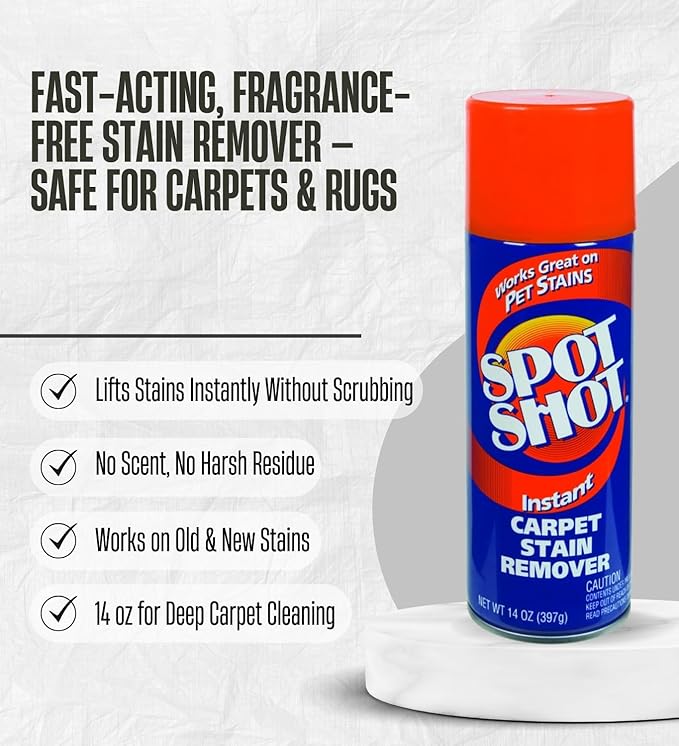 Carpet Stain Remover by Spot Shot 14 oz Liquid Bundle with Scrub Brush – Quickly Removes Pet Stains, Coffee, Wine, Grease, Ink, and More – Car Carpet Cleaner Spray – Gift Set (2 Items)