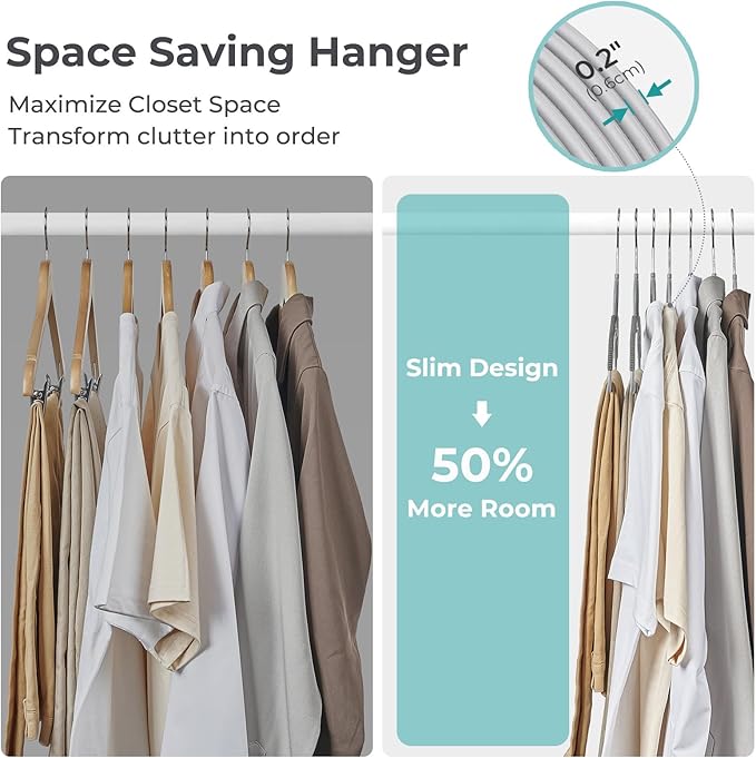 HOUSE DAY Plastic Hangers 50 Pack, Grey Plastic Clothes Hangers Non Slip with Rubber Grip, Heavy Duty Hanger with 360° Swivel Metal Hook, Ultra Thin Hangers Space Saving for Closet Organizer