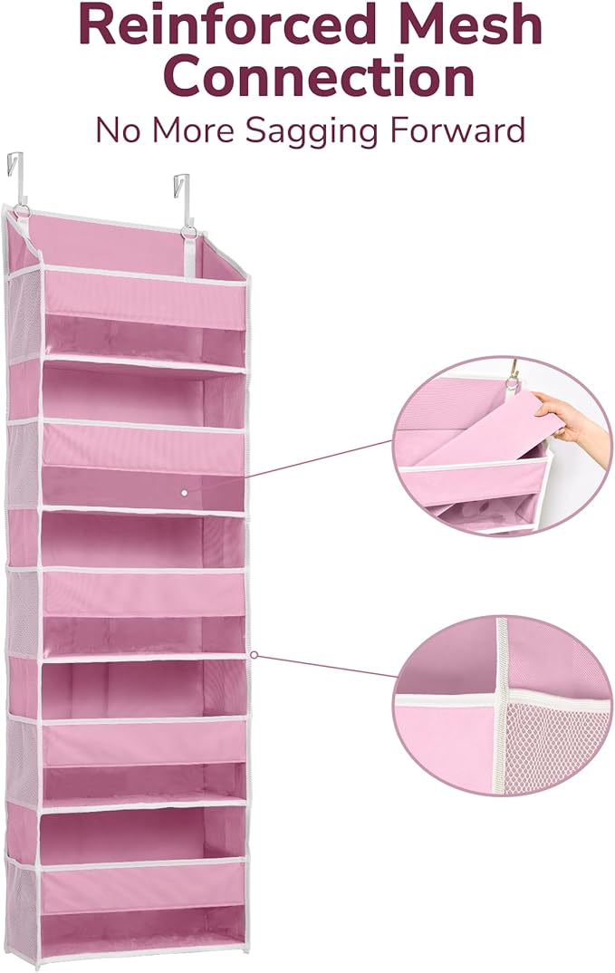 ULG 1 Pack Over Door Organizer with 5 Large Pockets 10 Mesh Side Pockets, 44 lbs Weight Capacity Hanging Storage Organizer with Clear Window Kids Toys, Shoes, Diapers, Pink