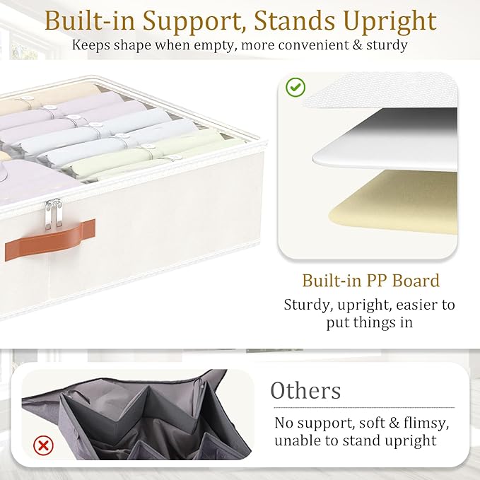Yawinhe Under Bed Storage, 4 Pack Closet Organizers, Collapsible Container Bags, with Sorting Card Slot and 4 Leather Handles, for Blanket, Bedding, 23.6''Lx11.8''Wx6''H, Beige