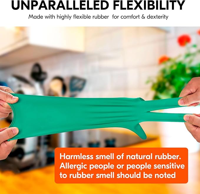 Vgo... 1-Pair Reusable Household Gloves, Rubber Dishwashing gloves, Extra Thickness, Long Sleeves, Kitchen Cleaning, Working, Painting, Gardening, Pet Care (Size L, Green, HH4601)