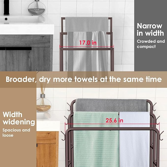 Kayfia 40" Tall Free Standing Towel Racks for Bathroom, 3 Tier Blanket Rack with 2 Storage Baskets & 6 Hooks, Towel Rack Stand for Large Bath Towels, Metal Blanket Ladder Holder for Bedroom (Bronze)