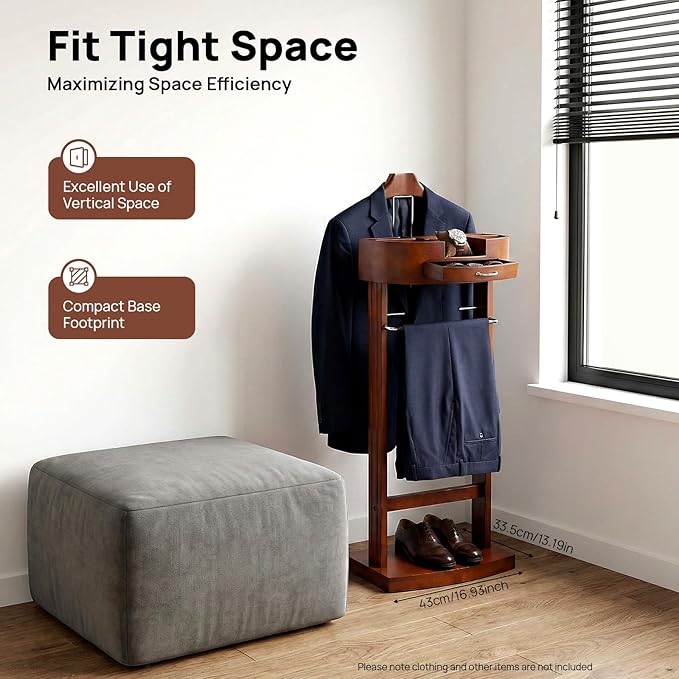 TFCFL Wooden Suit Rack with Drawer & Trouser Holder, Multi-functional Coat Stand for Hats/Scarves/Belts, Space-Saving Standing Suit Valet Stand for Home/Office, 22lbs Load Capacity (Brown)