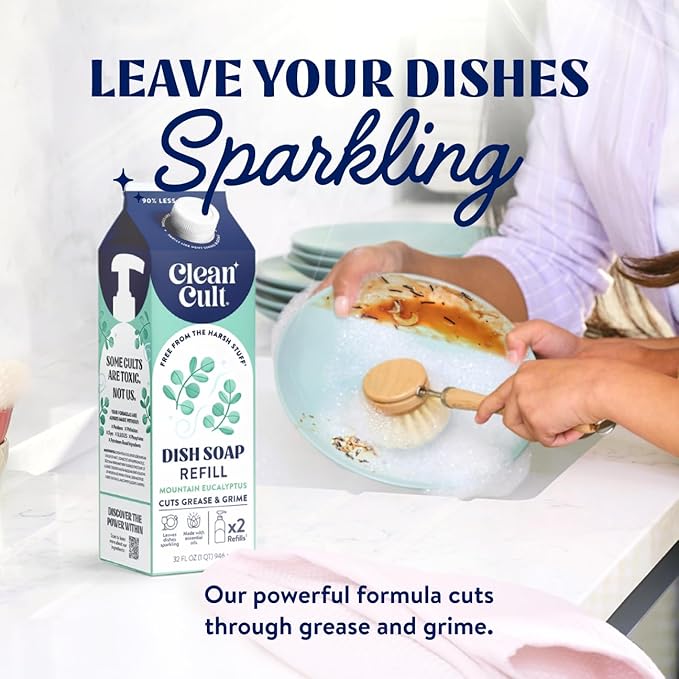 Cleancult Dish Soap Liquid Refill (32oz, 1 Pack) - Plant Based Cleaning Power - Dish Soap that Cuts Grease & Grime - Free of Harsh Chemicals - Uses 90% Less Plastic - Mountain Eucalyptus