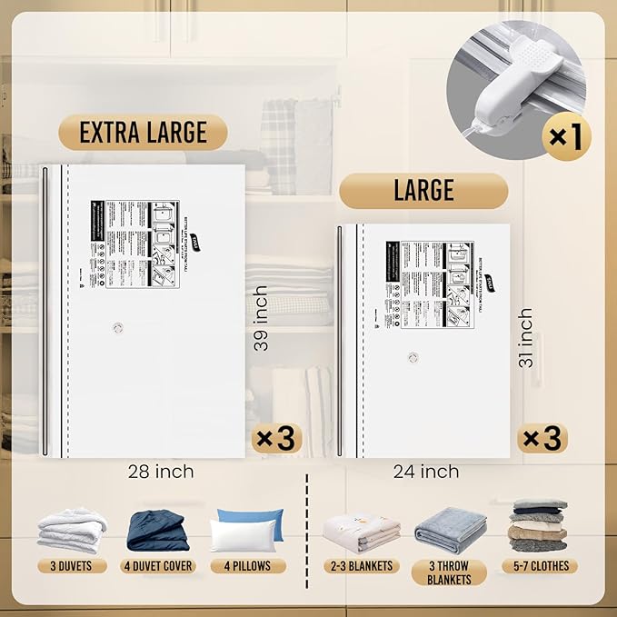 TAILI 6 Pack Vacuum Storage Bags, LONG SIDE ZIP (3 Large+3 Jumbo), Multi-Size Vacuum Seal Bags for Clothing, Storage Bulky Beddings, Comforters and Clothes, Space Saver for Closet Organization
