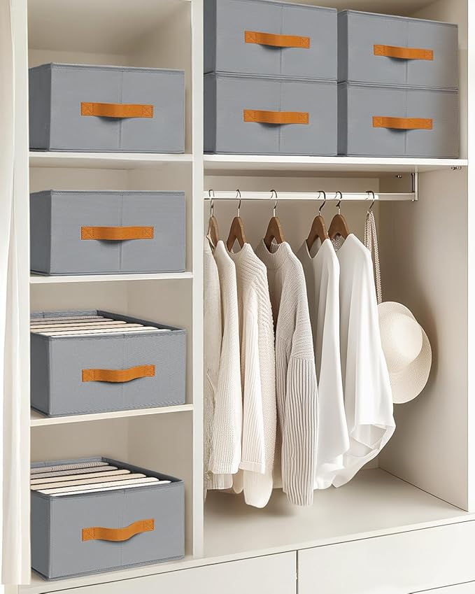 Homsorout Closet Organizers and Storage - Fabric Clothes Organizer with Handles, Foldable Jeans Organizer for Clothes, Drawer Organizer for Shirts, Bra, Sweater, Scarf, 4 Pack, Grey