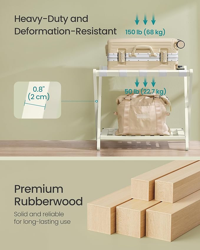 SONGMICS Solid Wood Luggage Rack, No Assembly Required, Foldable Suitcase Stand, Luggage Holder, with Storage Shelf, for Guest Room, Hotel, Bedroom, Cream White URLR020WZ02S