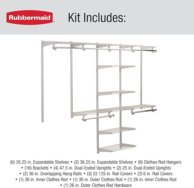 Rubbermaid Configurations Deluxe Custom Closet Kit 4-8 Ft. Adjustable Metal Wire Shelving Titanium Finish Expandable Organization System Hardware Included for Home Closet/Pantry/Laundry/Mudroom