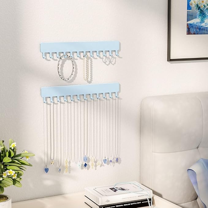 bussdis Necklace Organizer Wall Mount: Wall Necklace Hanger with Hooks for Tangle-Free Storage – Easy Access Wall Mounted Necklace Holder for Jewelry Display, Baby Blue