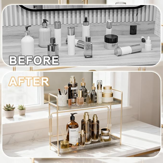 LEEDA 2 Tier Bathroom Counter Shelves, Countertop Shelf Organizer for Bathroom & Vanity, Skincare Organizers Rack,Countertop Organizer for Makeup, Lotion, Kitchen Corner & Dresser Storage(Gold)