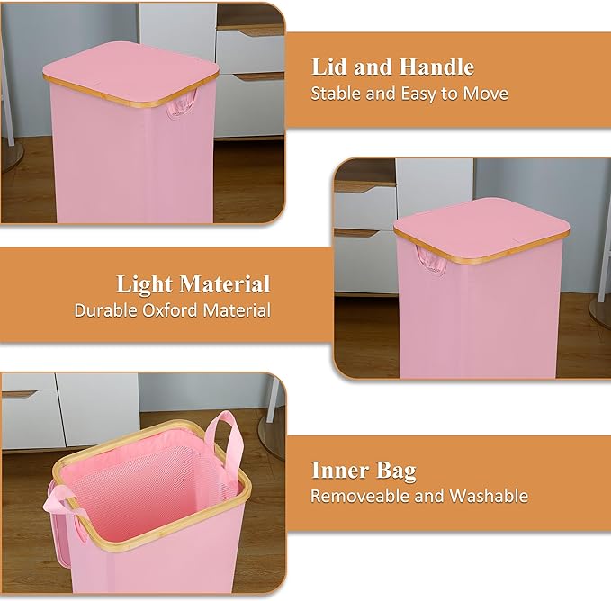 iEGrow Laundry Hamper with Lid, 110L Large Laundry Basket with Handle and Lid, Collapsible Clothes Basket Organizer with Removable Inner Bag for Clothes Toys Towels,Pink