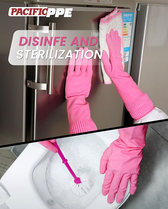 PACIFIC 2 Pairs Reusable Rubber Gloves for Washing Dishes and Cleaning Tasks, Water Resistant Household Gloves for Kitchen Bathroom, Grippy Latex Dish Washing, Pink, Large