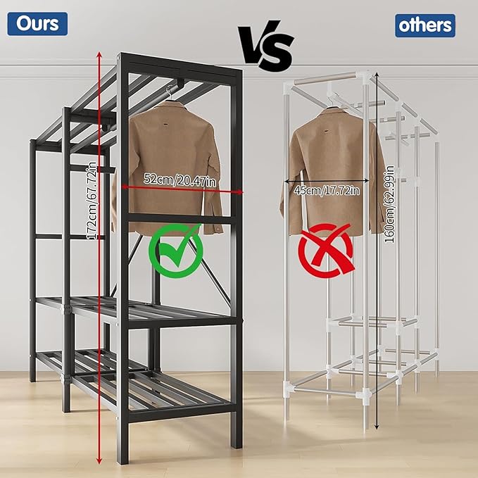 Heavy Duty Covered Clothes Rack with Magnetic Door Foldable Portable Wardrobe Closet for Hanging Clothing Rolling Black Metal Garment Rack on Wheels Closet System (Black, 65.9in)