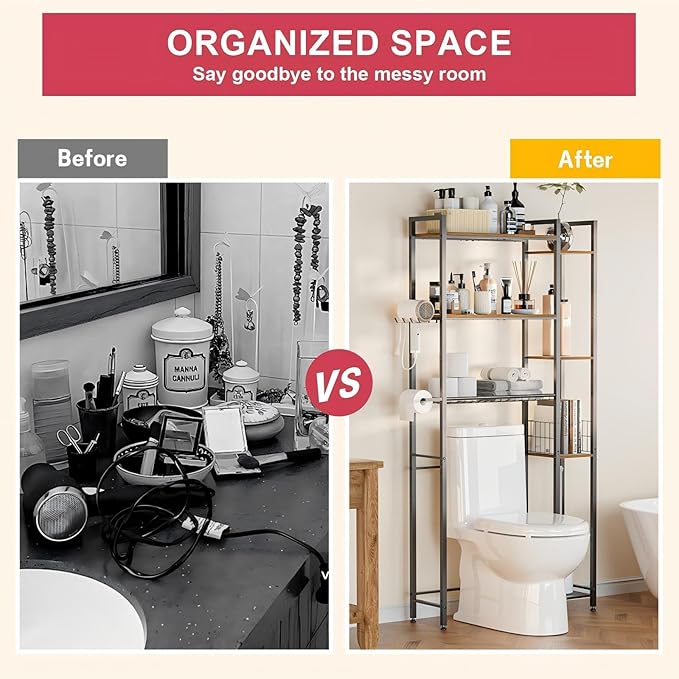 Over The Toilet Storage with Wooden Shelves and Side Rack, 7-Tier Metal Over Toilet Bathroom Organizer Freestanding Storage Shelf for Toilet Paper, Towels, Toiletries, Ideal for Small Bathroom