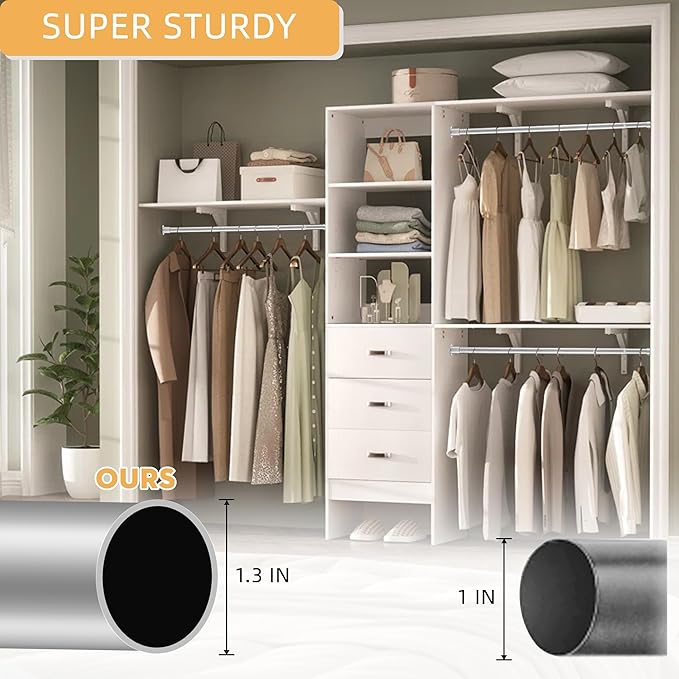 1.3 Inch Diameter Closet Rods for Hanging Clothes 17-100 Inch Adjustable, Metal Heavy Duty Closet Pole, Silver Closet Bar for Hanging Clothes, Suitable for Closet, Wardrobes, Bathroom, Windows