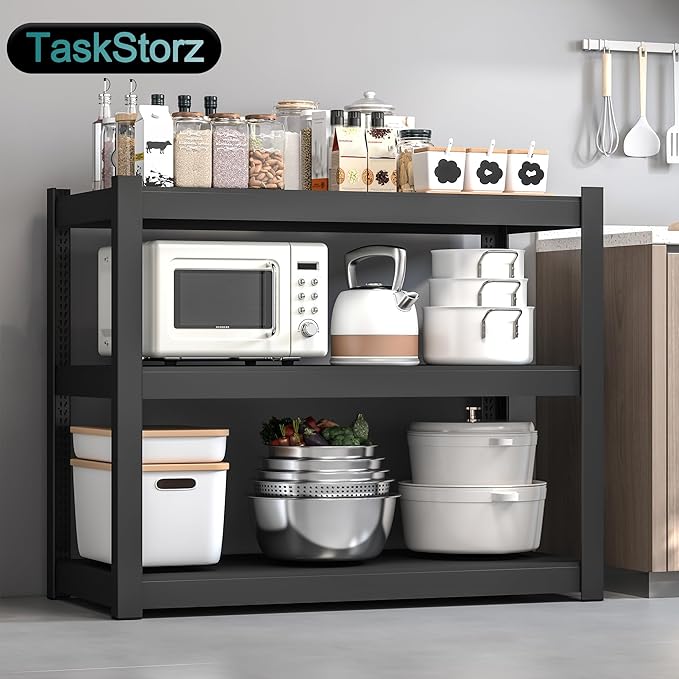 3-Tier Metal Storage Shelving Unit Black 16" D x 36" W x 36" H, Adjustable, 1800 lbs Capacity, Heavy Duty, Storage Organizer, for Garage, Home, Bathroom, Laundry, Storage Rack