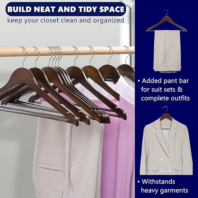 Amber Home 20 Pack Walnut Wooden Coat Hangers, Vintage Wood Suit Hangers with Non-Slip Pant Bar, Clothes Hangers for Closet Organization, Shirts, Jackets, Dresses, and Pants (Retro, 20)