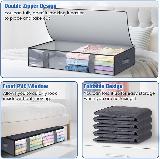 TasticTotes Under Bed Storage Containers, 6 Pack Blanket Storage Bags, Collapsible Storage Bags with Big Zippers, Clear Front, Shoe Storage and Organization for Clothes, Comforter, 75L, Grey