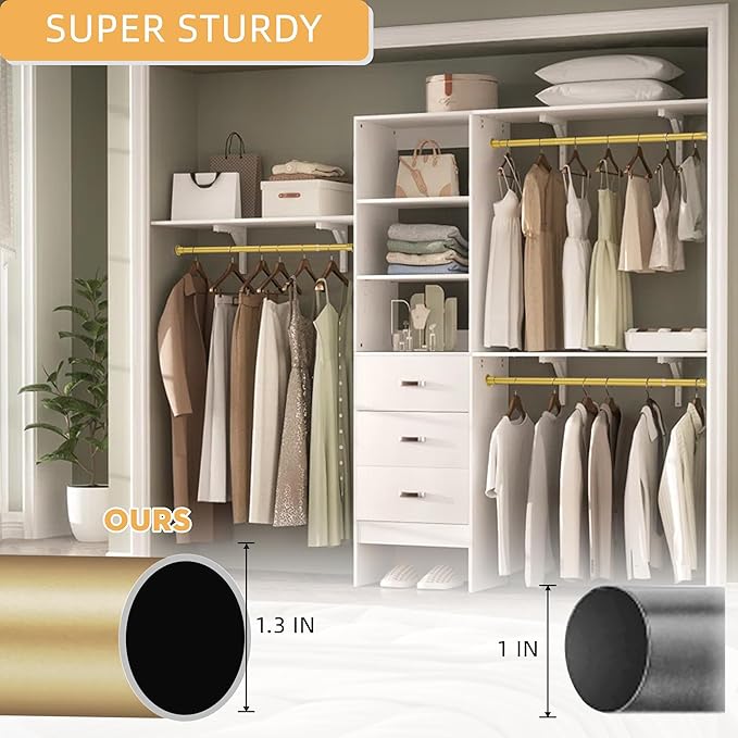 1.3 Inch Diameter Closet Rods for Hanging Clothes 17-75 Inch Adjustable, Metal Heavy Duty Closet Pole, Gold Closet Bar for Hanging Clothes, Suitable for Closet, Wardrobes, Bathroom, Windows