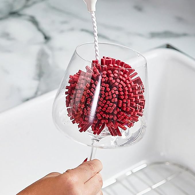 Wine Enthusiast Interchangeable Glassware Cleaning Brush Set – 5-Piece Bamboo Handle with Specialized Brush Heads for Wine Glasses, Decanters, and Barware Cleaning