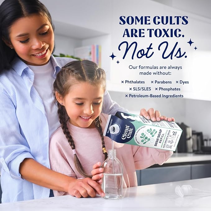 Cleancult Dish Soap Liquid Refill (32oz, 1 Pack) - Plant Based Cleaning Power - Dish Soap that Cuts Grease & Grime - Free of Harsh Chemicals - Uses 90% Less Plastic - Mountain Eucalyptus