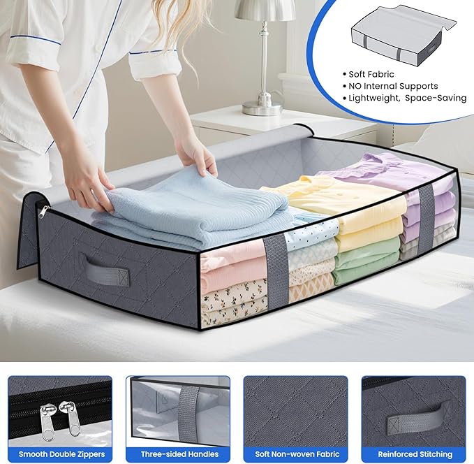 TasticTotes Under Bed Storage Containers, 6 Pack Blanket Storage Bags, Collapsible Storage Bags with Big Zippers, Clear Front, Shoe Storage and Organization for Clothes, Comforter, 75L, Grey