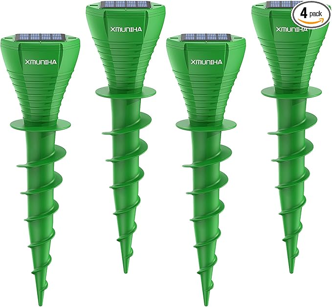 Solar Powered Mole Repellent, 4 Pack Ultrasonic Vole Repeller Outdoor, IP65 Waterproof Snake Deterrent, Gopher Remover Devices, Skunk, Groundhog Repellent for Yard, Garden, Lawn