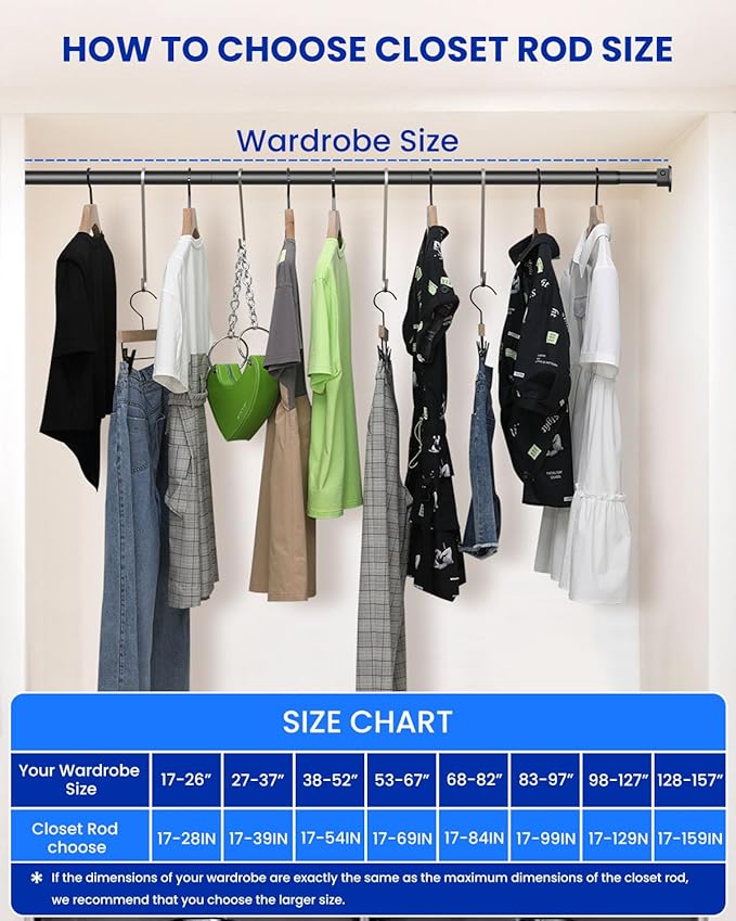 Supforce 4 PACK Closet Rods for Hanging Clothes, 17 to 54 Inches Stepless Adjustable Metal Closet Rod, 1.3 Inches Heavy Duty Clothes Hanging Rod for Closet Wardrobes Laundry RV, Black