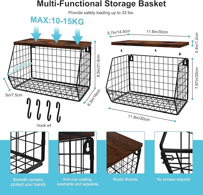 MSJGA Laundry Room Shelves Wall Mounted with Storage Basket - Stackable Wire Wall Shelves Organizer for Towels, Detergent, Tissues | Space-Saving Over Washer & Dryer, Small Spaces(11.8"Wx7.9"Dx8.5"H)