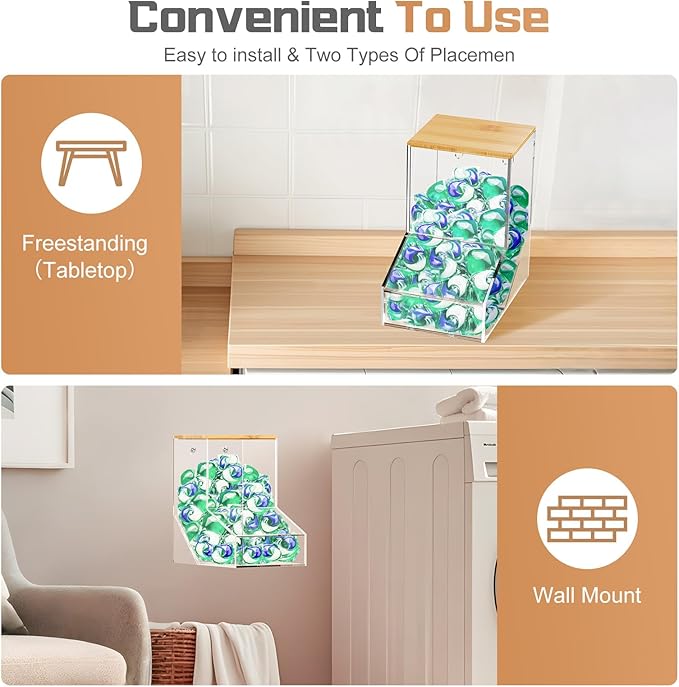 JYPS Laundry Box,Acrylic Dishwasher Pod Holder with 2 Lids,Powder Dispenser,Drying Balls,Beads,Soap Organizer for Room Table/Wall Mounted,Snack Candy Storage (1pcs-bigger)