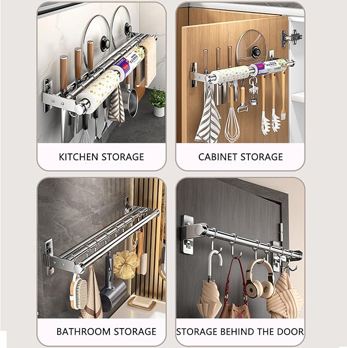 Hanging Wall Mount knife Wall Mount, Kitchen Organizer Storage Shelf for Utensils Spatula Spoon, Space-Saving Knife Rack with Hooks,Wall-Mounted Utensil Holder (Black, 50CM+Single Pole+8Hooks)