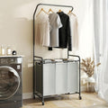 ROMOON Laundry Sorter Hamper with Hanging Bar, 3 Section Rolling Laundry Cart with Clothes Rack & Heavy-Duty Lockable Wheels, Divided Laundry Basket Organizer for Apartment & Small Spaces (130L Grey)